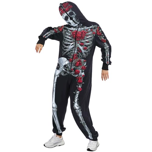 Acrawnni Unisex Erwachsene Halloween Skelett Kostüm Halloween Erwachsene Stitch Onesies Hoodie für Männer Frauen UK Unisex Overall (A-6, S) von Acrawnni