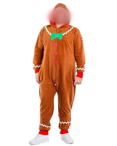 Acrawnni Weihnachten Erwachsene Lebkuchenmann Kostüm Lebkuchen Onesie Weihnachten Outfit Aldult Cosplay Kapuzen Jumpsuit, C-Brown Herren, XXL von Acrawnni