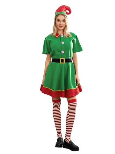Acrawnni Weihnachtselfenkostüm für Eltern und Kind, Elfenkostüm für Kinder, kurzärmelig, Kleid, Hose über Knie, mit Hut, Gürtel und Socken (A-Damen, S) von Acrawnni