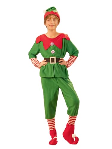 Acrawnni Weihnachtselfenkostüm für Eltern und Kind, Kinder Elfenkostüm Kurzarm Kleid Hose über Knie mit Hut, Gürtel und Socken (A-Boy, 12-18 Monate) von Acrawnni