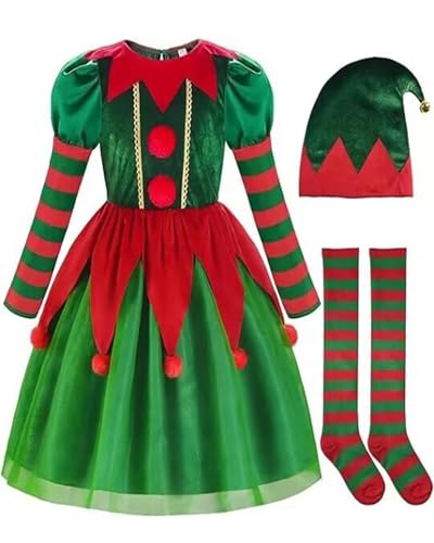 Acrawnni Weihnachtsmann-Elfenkostüm für Kinder und Mädchen, mit Hut, Socken, 3-teiliges Set, Kostüm für Kinder, Urlaub, Verkleiden (A-Blau, 120) von Acrawnni