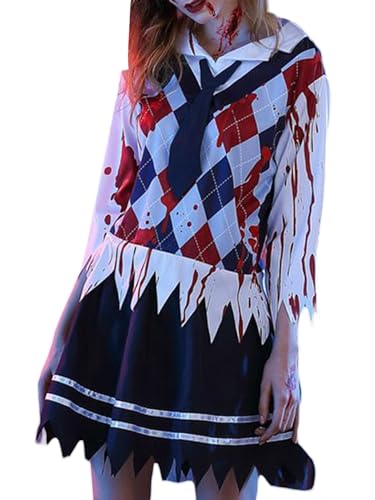 Acrawnni Zombie-Schulmädchen-Kostüm für Damen, Zombie, blutiges Karomuster, Oberteil mit Rock, Krawatte für Halloween-Party (A-Multicolor, S) von Acrawnni