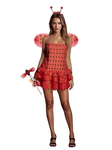 Bienenkostüm für Damen, Tiere, Insekten, Käfer, Bienen, Halloween-Kostüm mit Flügeln, Stirnband, Beinärmeln, Feenstab Party verkleiden (A-Red, XL) von Acrawnni