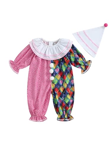 Clown-Kostüm für Kleinkinder, Baby, Jungen, Mädchen, lustiges Halloween-Outfit, Kontrastfarbe, langärmelig, Rüschen, mehrlagiger Overall mit Hut (A-Pink, 3–4 Jahre) von Acrawnni