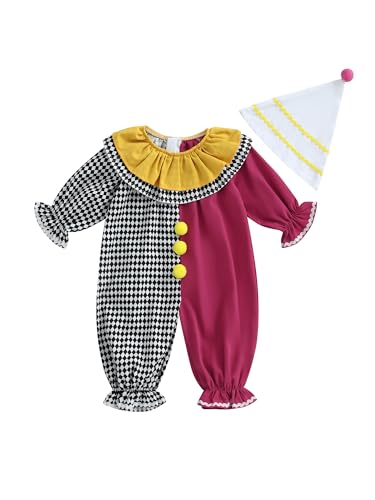 Clown-Kostüm für Kleinkinder, Baby, Jungen, Mädchen, lustiges Halloween-Outfit, Kontrastfarbe, langärmelig, Rüschen, mehrlagiger Overall mit Hut (A-Schwarz, 6–12 Monate) von Acrawnni