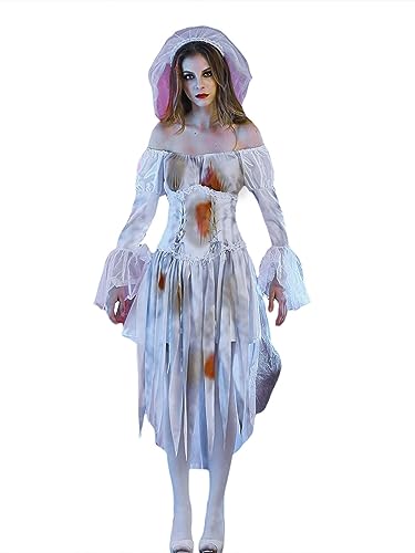 Cosplay Kostüm Damen Erwachsene Leiche Geist Braut Zombie für Zubehör Verkleidung & Requisiten für Halloween, Karneval & Partys (A-Weiß, S) von Acrawnni