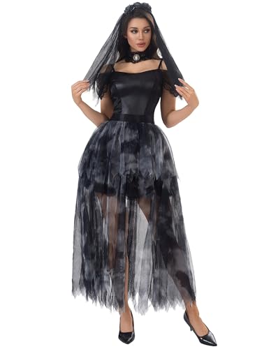 Cosplay Kostüm für Damen, Erwachsene, Leiche, Geist, Braut, Zombie, für Zubehör, Verkleidung & Requisiten für Halloween, Karneval & Partys (B-Schwarz, M) von Acrawnni