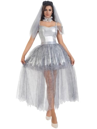 Cosplay-Kostüm für Damen, für Erwachsene, Leiche, Geist, Braut, Zombie, als Accessoire, Verkleidung & Requisiten für Halloween, Karneval & Partys (B-Grau, L) von Acrawnni
