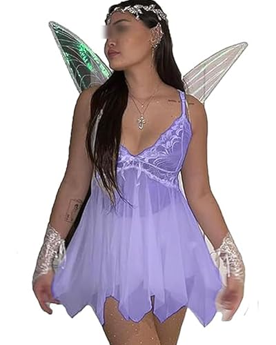 Damenkostüm Fee Prinzessin Tinkerbell Waldfee Kostüm Halloween Wald Spitze Floral V-Ausschnitt Cami Kleid mit Flügel 2 Stück Outfits (A-Lavendel, M) von Acrawnni