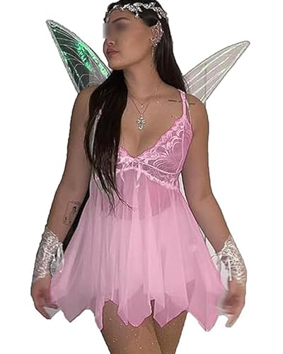 Damenkostüm Fee Prinzessin Tinkerbell Waldfee Kostüm Halloween Wald Spitze Floral V-Ausschnitt Cami Kleid mit Flügel 2 Stück Outfits (A-Pink, S) von Acrawnni