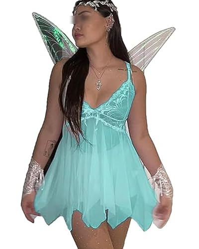 Damenkostüm Fee Prinzessin Tinkerbell Waldfee Kostüm Halloween Wald Spitze Floral V-Ausschnitt Cami Kleid mit Flügel 2-teiliges Outfit (A-Grün, M) von Acrawnni