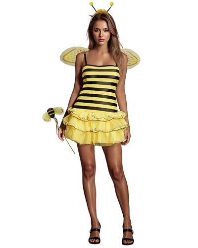 Halloween-Insekten-Kostüme für Damen, süßes Bienenkäfer-Kleid und Flügel-Stirnband-Set für Weihnachten, Cosplay, Party-Outfits (A-Gelb, L) von Acrawnni