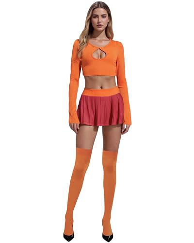 Halloween-Kostüm-Rock-Set für Damen, langärmelig, ausgehöhlt, bauchfreies Top mit Minirock, Strümpfen, Clubwear, Sommer-Outfit (A-Orange, L) von Acrawnni