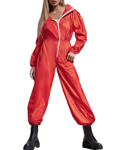 Halloween-Kostüme für Damen und Herren, einfarbig, Reißverschluss, lange Ärmel, mit Kapuze, Piloten-Overall, Cosplay, Party-Outfits (A-Rot-Damen, Größe L) von Acrawnni