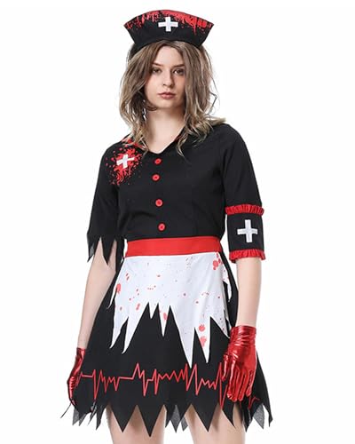 Halloween-Krankenschwester-Kostüm für Damen, gruseliges Zombie-Outfit, Zombie, blutiges Cosplay-Kostüm, gruselige Krankenschwester-Kleidung für Halloween-Spaß (A-Schwarz, M) von Acrawnni