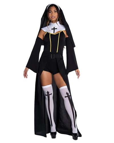 Halloween Mutter Superior Kostüm Erwachsene Nonne Kostüm Schwarze Pries Outfits Mary Priester Traditionelle Nonne Cosplay Kostüm (A-Schwarz, XL) von Acrawnni