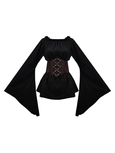 Halloween Renaissance-Bluse für Damen, mit Korsett-Taillengürtel, mittelalterlich, viktorianisch, langärmelig, schulterfrei, Cosplay, Piratenkostüm (A-Schwarz, M) von Acrawnni