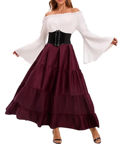 Halloween Renaissance Kostüm Damen Lange Glockenärmel Renaissance Mittelalter Korsett Gothic Hexenkleid Halloween Piraten Kostüme (A-Burgunderrot, M) von Acrawnni