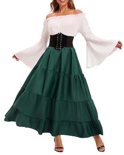 Halloween Renaissance Kostüm Damen Lange Glockenärmel Renaissance Mittelalter Korsett Gothic Hexenkleid Halloween Piratenkostüme (A-Grün, L) von Acrawnni