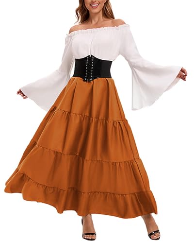Halloween Renaissance Kostüm Damen Lange Glockenärmel Renaissance Mittelalter Korsett Gothic Hexenkleid Halloween Piratenkostüme (A-Orange, S) von Acrawnni