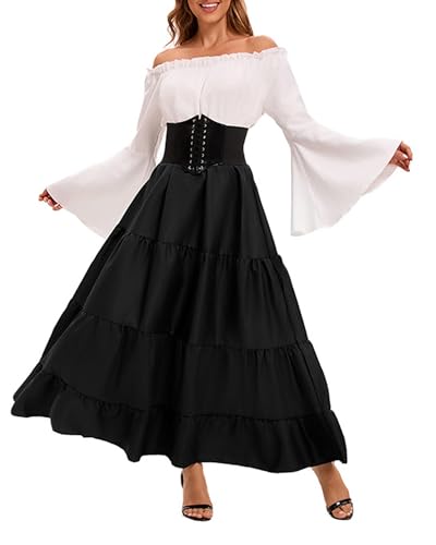 Halloween Renaissance Kostüm Damen Lange Glockenärmel Renaissance Mittelalter Korsett Gothic Hexenkleid Halloween Piratenkostüme (A-Schwarz, M) von Acrawnni