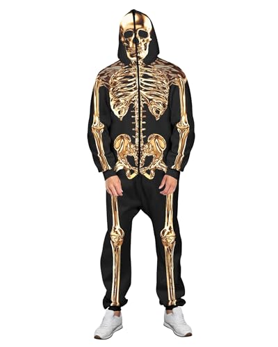 Halloween-Skelett-Overall für Damen und Herren, langärmelig, mit Reißverschluss, mit Kapuze, Cosplay-Kostüm, Pyjama, Skelett-Overall für Erwachsene, A-Schwarz / Gold, Größe S von Acrawnni