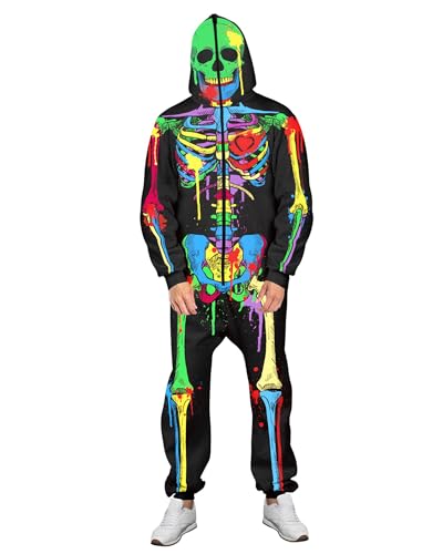 Halloween-Skelett-Overall für Damen und Herren, langärmelig, mit Reißverschluss, mit Kapuze, Cosplay-Kostüm, Pyjama, Skelett-Overall für Erwachsene, A-Schwarz / Grün, Größe M von Acrawnni