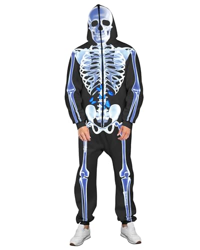 Halloween-Skelett-Overall für Damen und Herren, langärmelig, mit Reißverschluss, mit Kapuze, Cosplay-Kostüm, Pyjama, Skelett-Overall für Erwachsene, A-Schwarz / Lila, Größe M Halloween-Skelett-Overall für Damen und Herren, langärmelig, mit Reißverschluss, mit Kapuze, Cosplay-Kostüm, Pyjama, Skelett-Overall für Erwachsene, A-Schwarz / Lila, Größe M von Acrawnni