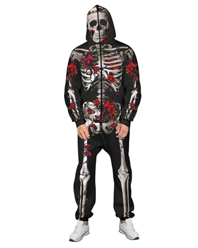 Halloween-Skelett-Overall für Damen und Herren, langärmelig, mit Reißverschluss, mit Kapuze, Cosplay-Kostüm, Pyjama, Skelett-Overall für Erwachsene, A-Schwarz / Rot, Größe L von Acrawnni
