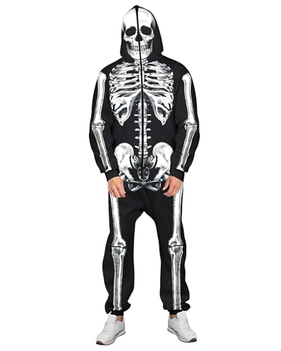 Halloween-Skelett-Overall für Damen und Herren, langärmelig, mit Reißverschluss, mit Kapuze, Cosplay-Kostüm, Pyjama, Skelett-Overall für Erwachsene, A-Schwarz / Weiß, Größe XL von Acrawnni