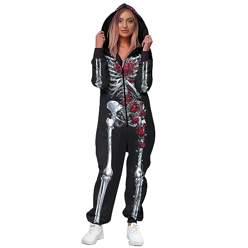 Halloween-Skelett-Overall für Damen und Herren, langärmelig, mit Reißverschluss, mit Kapuze, Cosplay-Kostüm, Pyjama, Skelett-Overall für Erwachsene (A-schwarze Blume, Größe M) von Acrawnni