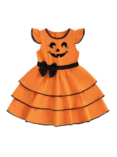 Halloween Weihnachten Kleinkind Mädchen Kleid Spinne Geist Druck Kleider Fl Utter Ärmel Kleidung 2-7Y, A-Orange, 6-7 Jahre von Acrawnni