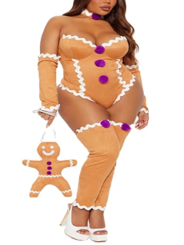Lebkuchen-Kostüm für Damen, Einteiler für Erwachsene, mit Choker-Halskette, Armstulpen, Socken, 4 Stück, Party, Cosplay (A-Khaki, L) von Acrawnni