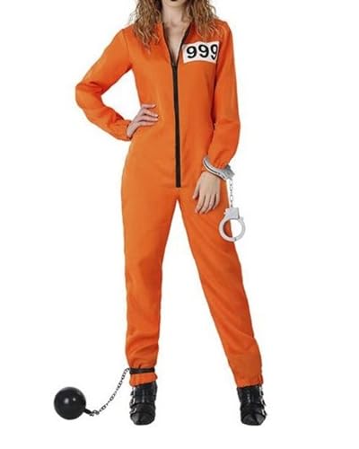 Oranger Sträflingskostüm für Damen, lange Ärmel, Reißverschluss vorne, Overall, Strafvollzug, Halloween, Cosplay, Karneval, Party (A-Schwarz, XL) von Acrawnni