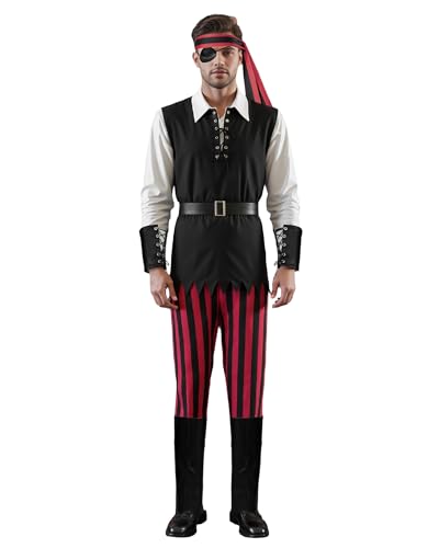Piratenkostüm für Erwachsene, Halloween, Piratenkostüm, Bandana, Augenklappe, Oberteil, Hose und Gürtel, 5-teiliges Set für Cosplay-Party (A-Schwarz, XL) von Acrawnni