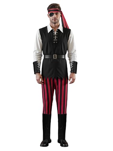 Piratenkostüm für Erwachsene, Piraten-Bandana, Augenklappe, Oberteil, Hose und Gürtel, 5-teiliges Set für Cosplay und Party (A-Schwarz, L) von Acrawnni