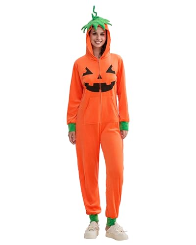 Schlankes Kürbis-Kostüm für Erwachsene, Laterne, Halloween-Kostüm, einteilig, Cosplay-Anzug, langärmelig, Reißverschluss vorne, Kapuze, Overall (A-Orange, M) von Acrawnni