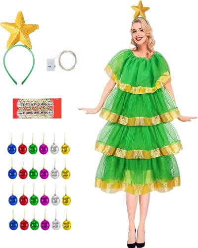 Weihnachtsbaum-Kostüm für Damen, mehrlagiges Rüschen-Tüllkleid mit Zubehör für Cosplay-Party-Outfit (A-Grün, M) von Acrawnni