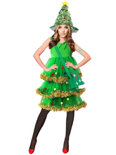 Weihnachtsbaum-Kostüme für Damen, Weihnachtsbaummütze, Kleid, Strümpfe und Tasche, 4-teiliges Set, Elfenkostüm, Erwachsene (A-Grün, M) von Acrawnni