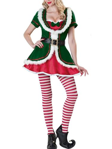 Weihnachtselfenkostüm für Damen, mit Gürtel, niedlicher Hut, Set für Cosplay-Outfits, Elfenverkleidungen (A-Grün, M) von Acrawnni