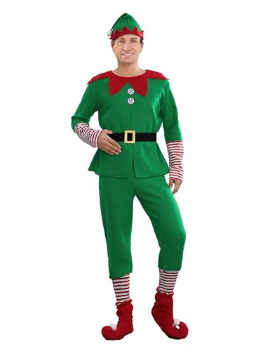 Weihnachtselfenkostüm für Eltern und Kind, Kinder Elfenkostüm Kurzarm Kleid Hose über Knie mit Hut, Gürtel und Socken (A-Men, XL) von Acrawnni