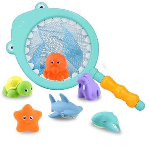 Acsatont Ohne Loch - 7 Stück Badespielzeug Baby ab3 4 5 6 Jahr, Wasserspielzeug Kinder Badewannenspielzeug mit Fischernetz, Schwimmbad Pool Spielzeug Geschenke für Jungen und Mädchen (Lichtfarbe) von Acsatont