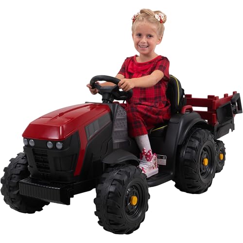 Actionbikes Motors Elektro Kindertraktor mit Anhänger | 2 x 12 V 45 W Motor - 12 Volt 7 Ah Batterie - 2,4 Ghz Fernbedienung - Kinder Elektro Traktor Spielzeug ab 3 Jahre - Elektroauto (Rot/Schwarz) von Actionbikes Motors