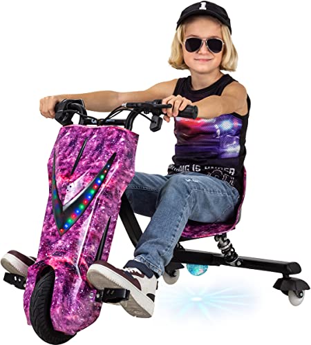 Actionbikes Motors Kinder Elektro Driftscooter | 𝟐𝟓𝟎 Watt Motor - Drift Cart 360°- 3 Geschwindigkeitsstufen - LED-Beleuchtung - Sitz verstellbar - Bluetooth - Drift Kart - Drift Auto (Space Purple) von Actionbikes Motors