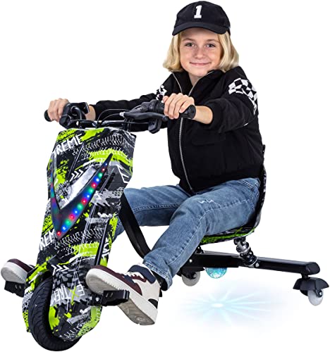 Actionbikes Motors Kinder Elektro Driftscooter 360 Grad - 250 Watt Elektromotor - 3 Geschwindigkeitsstufen - LED-Beleuchtung - Sitz verstellbar - Bluetooth - Drifter - Drift Trike (Grün Polo) von Actionbikes Motors