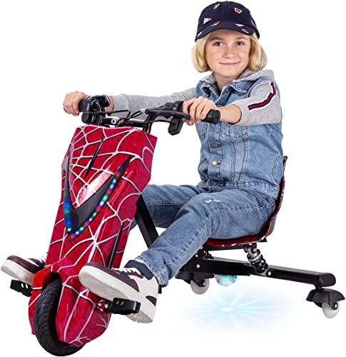Actionbikes Motors Kinder Elektro Driftscooter | 𝟐𝟓𝟎 Watt Motor - Drift Cart 360°- 3 Geschwindigkeitsstufen - LED-Beleuchtung - Sitz verstellbar - Bluetooth - Drift Kart - Drift Auto (Rot) von Actionbikes Motors