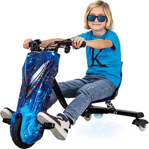 Actionbikes Motors Kinder Elektro Driftscooter | 𝟐𝟓𝟎 Watt Motor - Drift Cart 360°- 3 Geschwindigkeitsstufen - LED-Beleuchtung - Sitz verstellbar - Bluetooth - Drift Kart - Drift Auto (Space Blue) von Actionbikes Motors