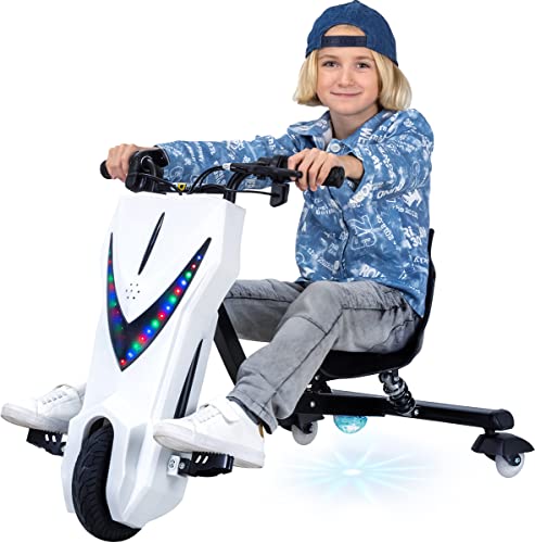 Actionbikes Motors Kinder Elektro Driftscooter | 𝟐𝟓𝟎 Watt Motor - Drift Cart 360°- 3 Geschwindigkeitsstufen - LED-Beleuchtung - Sitz verstellbar - Bluetooth - Drift Kart - Drift Auto (Weiß Matt) von Actionbikes Motors