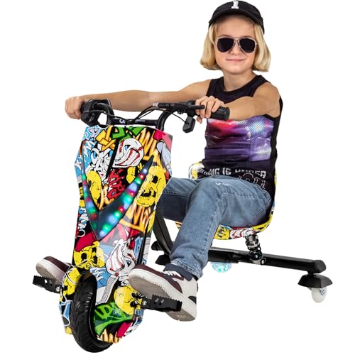 Actionbikes Motors Kinder Elektro Driftscooter | 𝟐𝟓𝟎 Watt Motor - Drift Cart 360°- 3 Geschwindigkeitsstufen - LED-Beleuchtung - Sitz verstellbar - Bluetooth - Drift Kart - Drift Auto (Grafit Gelb) von Actionbikes Motors