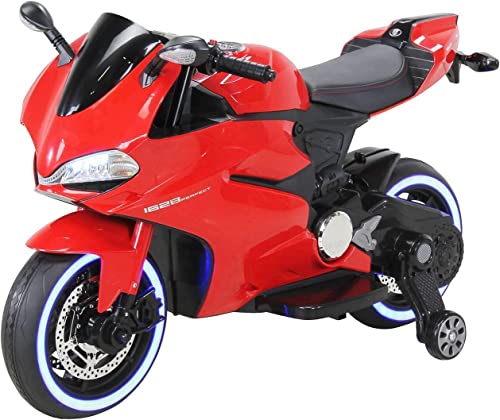 Kinder Elektromotorrad 1299SS - 70 Watt - LED Beleuchtung - Stützräder - Softstart - Multimedia SD-Karte/USB / MP3 / AUX - Stoßdämpfer - Elektro Motorrad für Kinder - Ab 3 Jahre - Soundmodul (Rot) von Actionbikes Motors